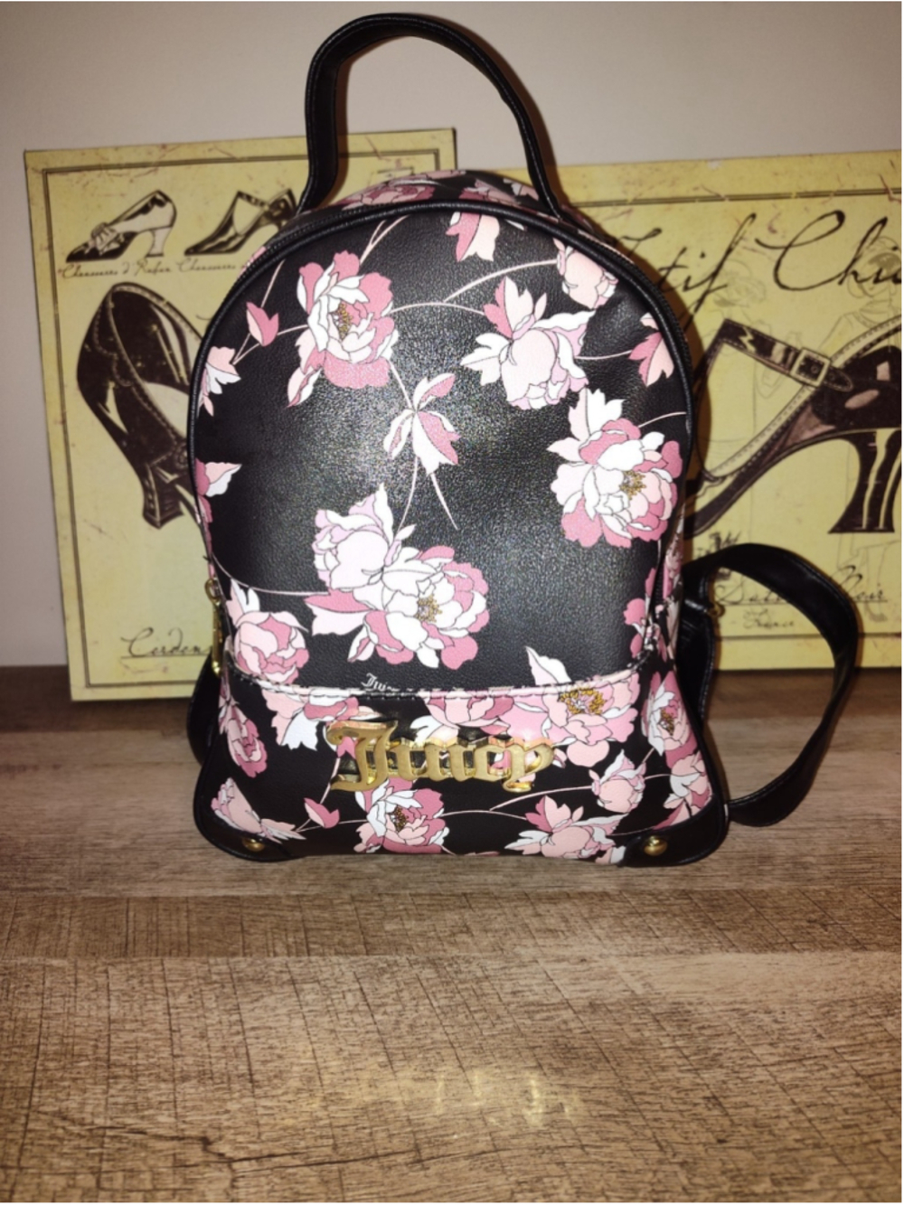 Juicy Couture Black Pink Floral Faux Leather Mini Backpack Bag Purse